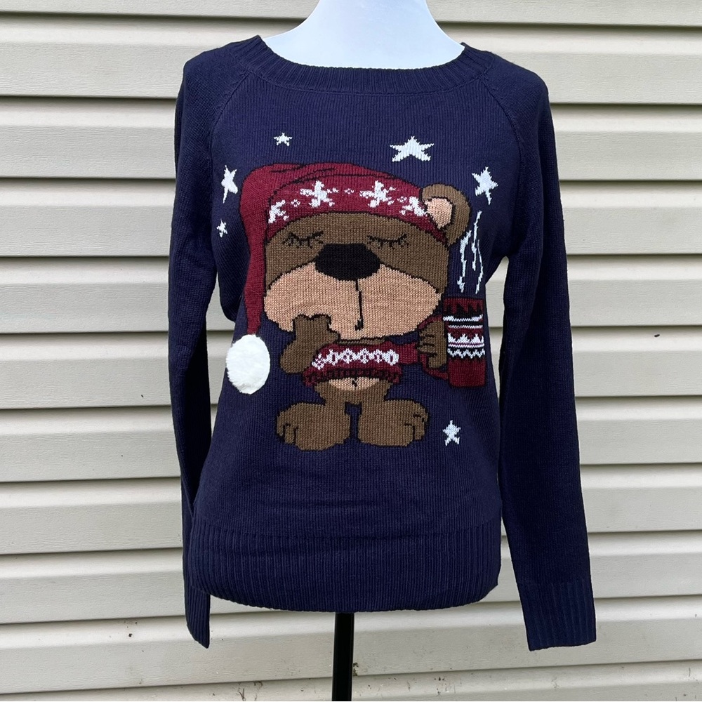 New H&M Navy Blue Sleepy Bear Nightcap Crewneck Holiday Sweater